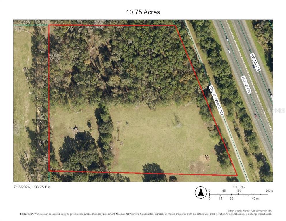 An aerial map shows a 10.75-acre plot of land bordered by a road and highway — TBD NW 65TH AVENUE ROAD, REDDICK, FL