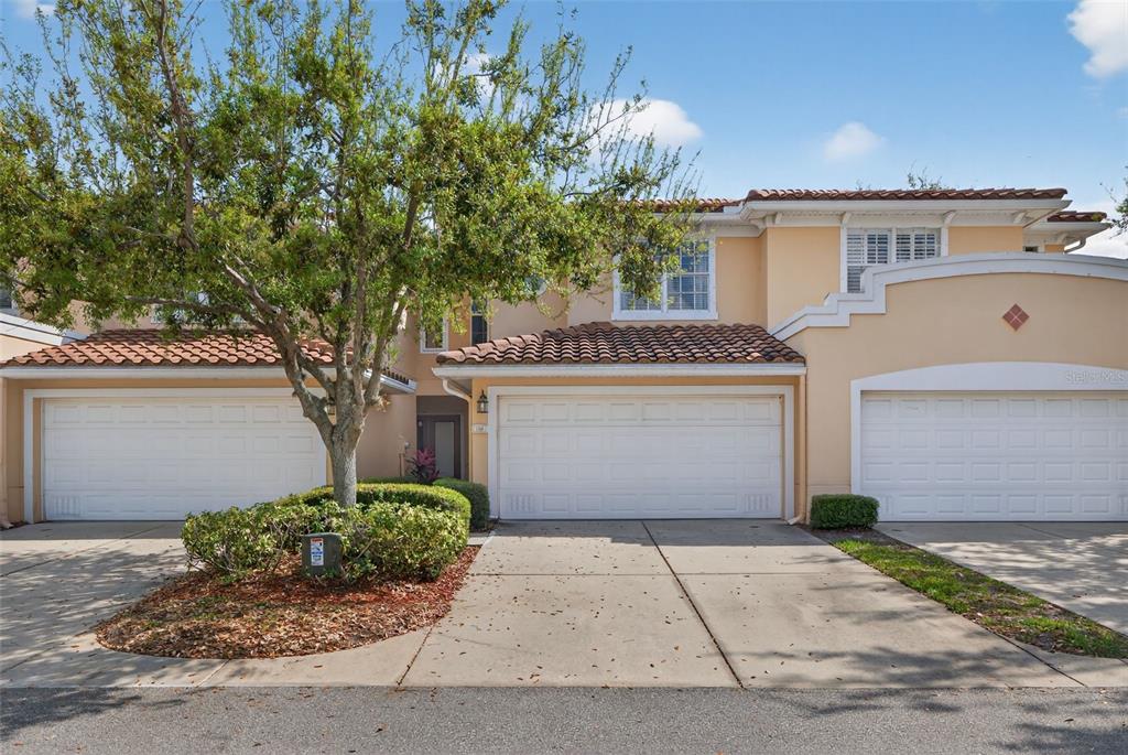 A two-story townhouse exterior features three garage doors, a tile roof, and a front tree — 184 VALENCIA CIRCLE, ST PETERSBURG, FL
