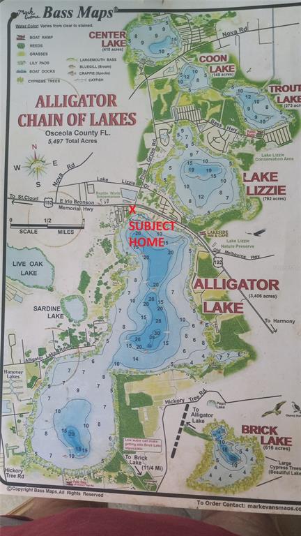 This is a bathymetric map of the Alligator Chain of Lakes in Osceola County, Florida — 5870 ALLIGATOR LAKE SHORE W, ST CLOUD, FL