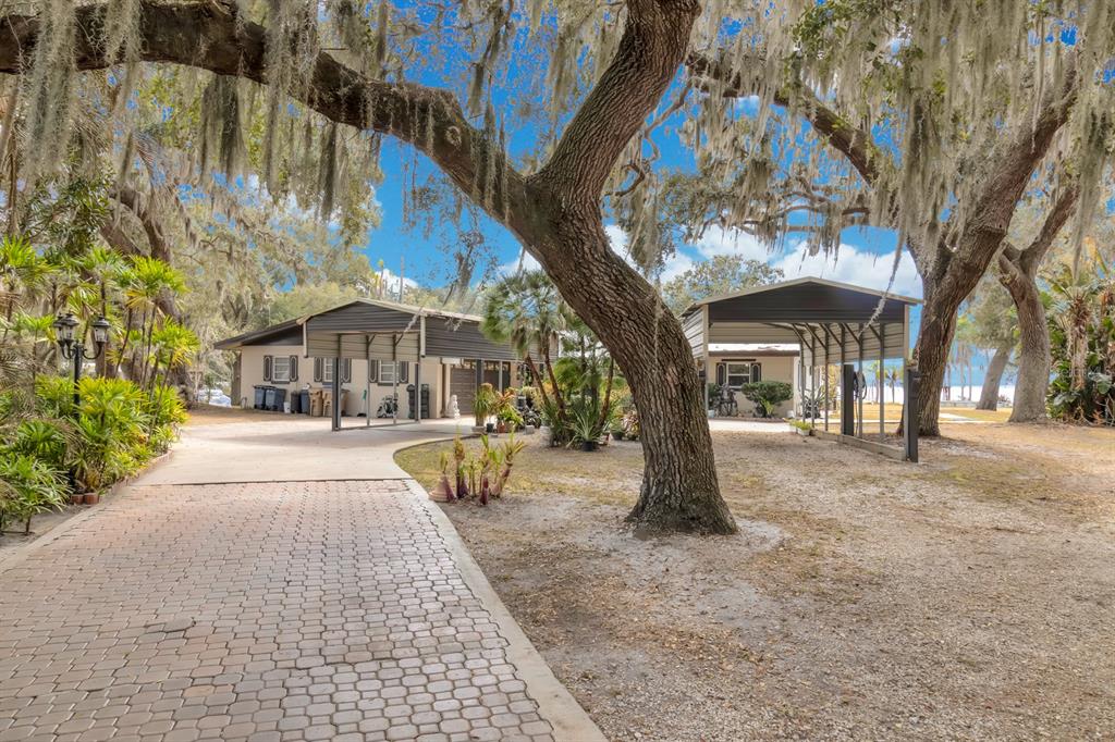 A paved driveway leads to two separate carport structures shaded by large, moss-covered oak trees — 5870 ALLIGATOR LAKE SHORE W, ST CLOUD, FL