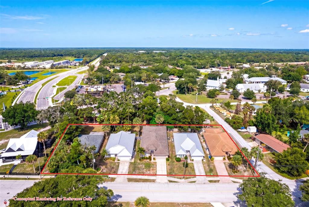 This is a conceptual rendering showing five houses outlined in red from an aerial perspective — MAGNOLIA, NEW SMYRNA BEACH, FL