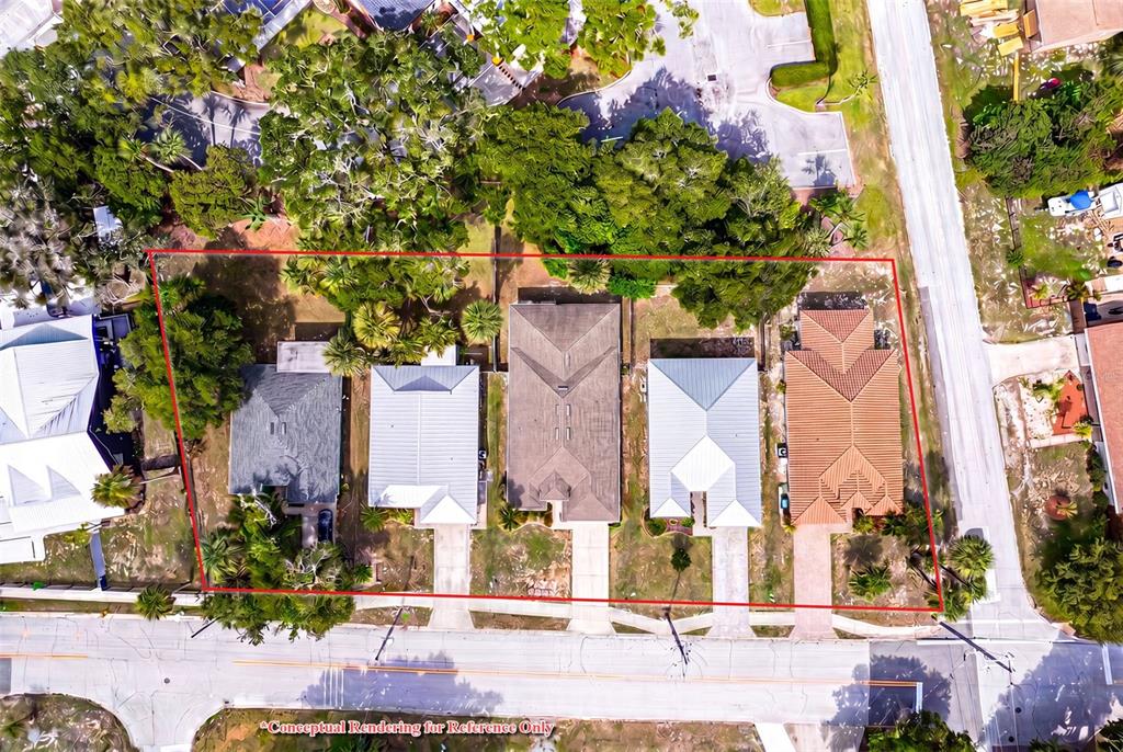 This aerial rendering shows five residential houses situated along a road with surrounding trees — MAGNOLIA, NEW SMYRNA BEACH, FL