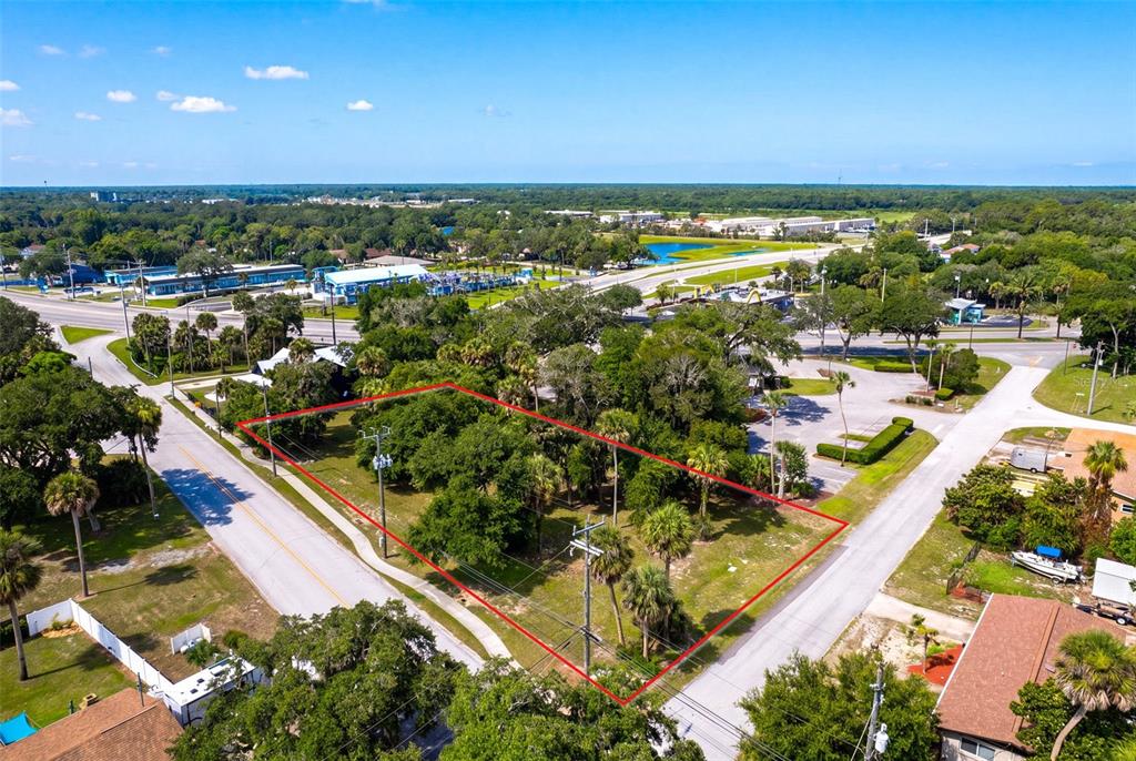 An aerial view shows a rectangular, tree-covered vacant lot outlined in red between two roads — MAGNOLIA, NEW SMYRNA BEACH, FL