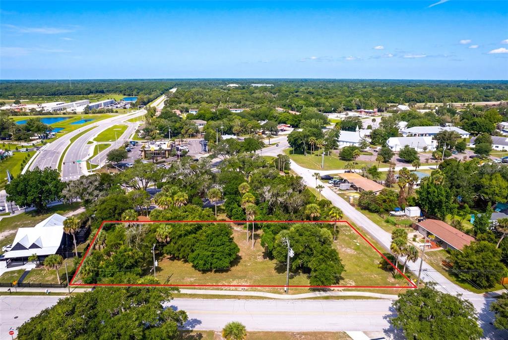 An aerial view shows a rectangular, tree-covered vacant lot outlined in red along a road — MAGNOLIA, NEW SMYRNA BEACH, FL