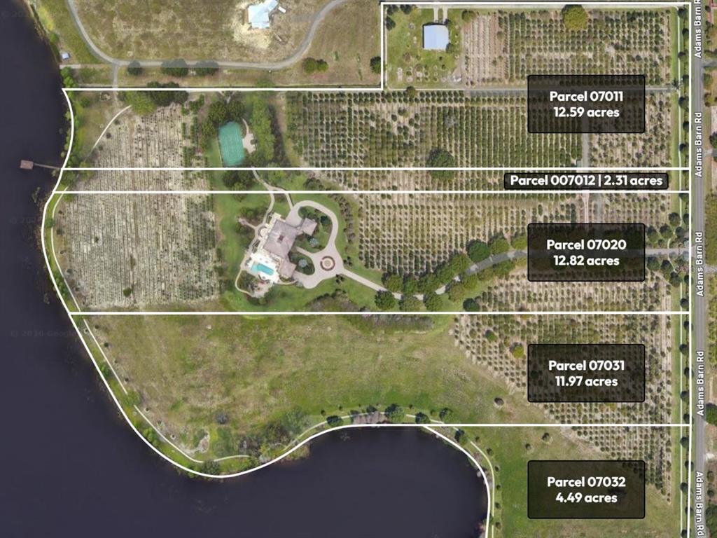 An aerial map shows five adjacent land parcels along a road and a lake — ADAMS BARN ROAD, AUBURNDALE, FL