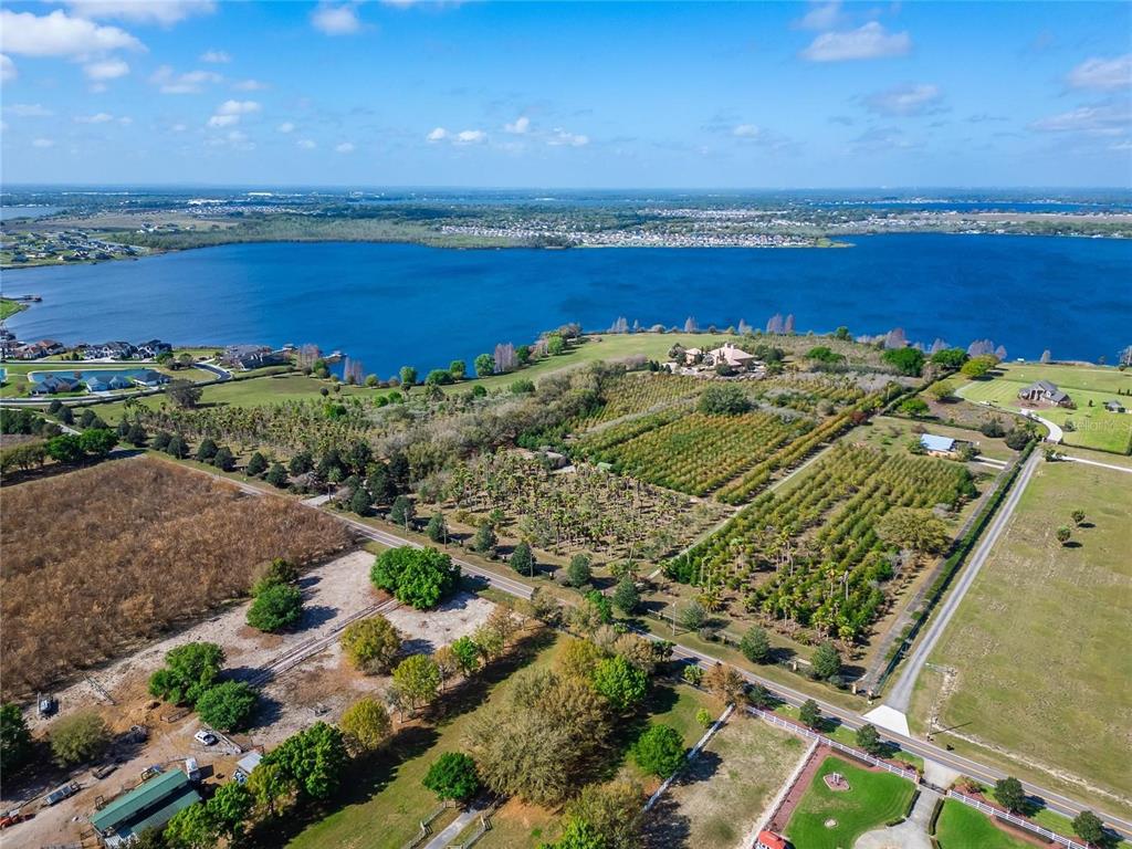 An aerial view shows a large property with palm tree groves, fields, and a lake — ADAMS BARN ROAD, AUBURNDALE, FL