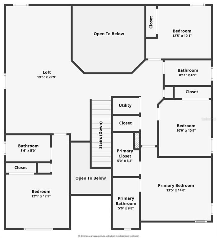 This is a floor plan of an upper level featuring a loft, four bedrooms, and bathrooms — 13538 HIDDEN FOREST CIRCLE, ORLANDO, FL