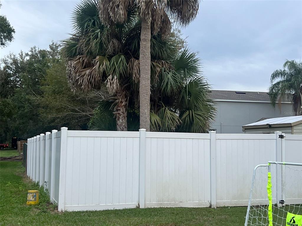 A white vinyl privacy fence stands in a backyard with a large palm tree — 1520 HILL STREET, KISSIMMEE, FL