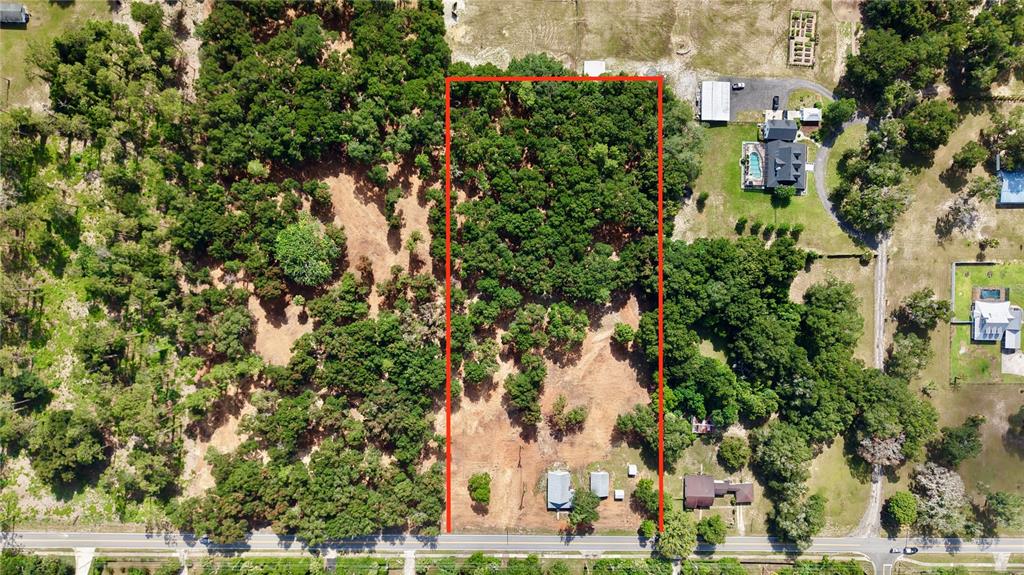 An aerial view shows a rectangular plot of land outlined in red with trees and buildings — 450 OLD GENEVA ROAD, GENEVA, FL