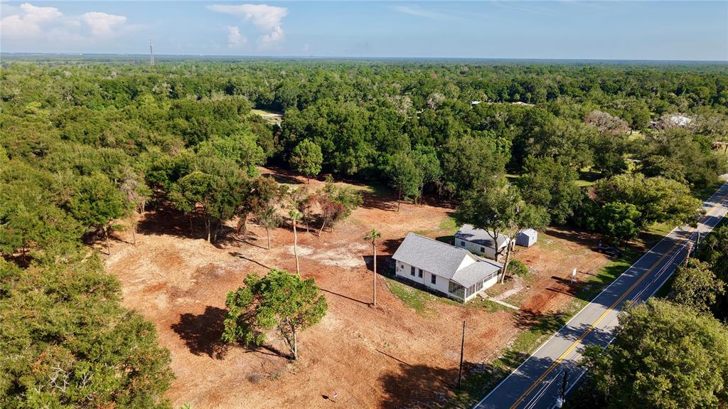 An aerial view shows a white house on a large, wooded lot beside a road — 450 OLD GENEVA ROAD, GENEVA, FL