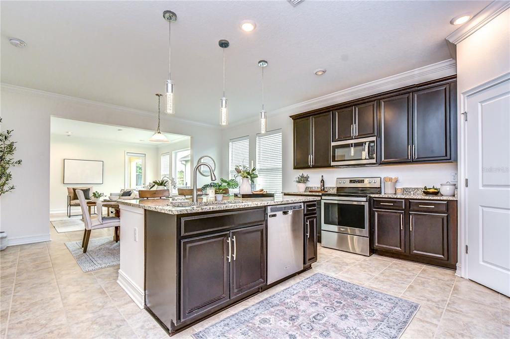 A kitchen with dark wood cabinets, granite countertops, stainless steel appliances, and a center island — 4749 ROLLING GREEN DRIVE, WESLEY CHAPEL, FL
