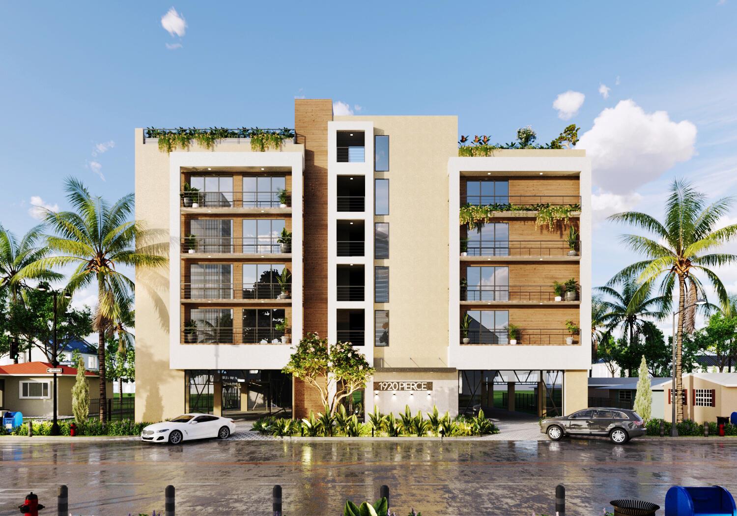 This architectural rendering shows a modern four-story apartment building with balconies and a ground-level parking area — 1920 Pierce Street, Hollywood FL 33020, HOLLYWOOD, FL