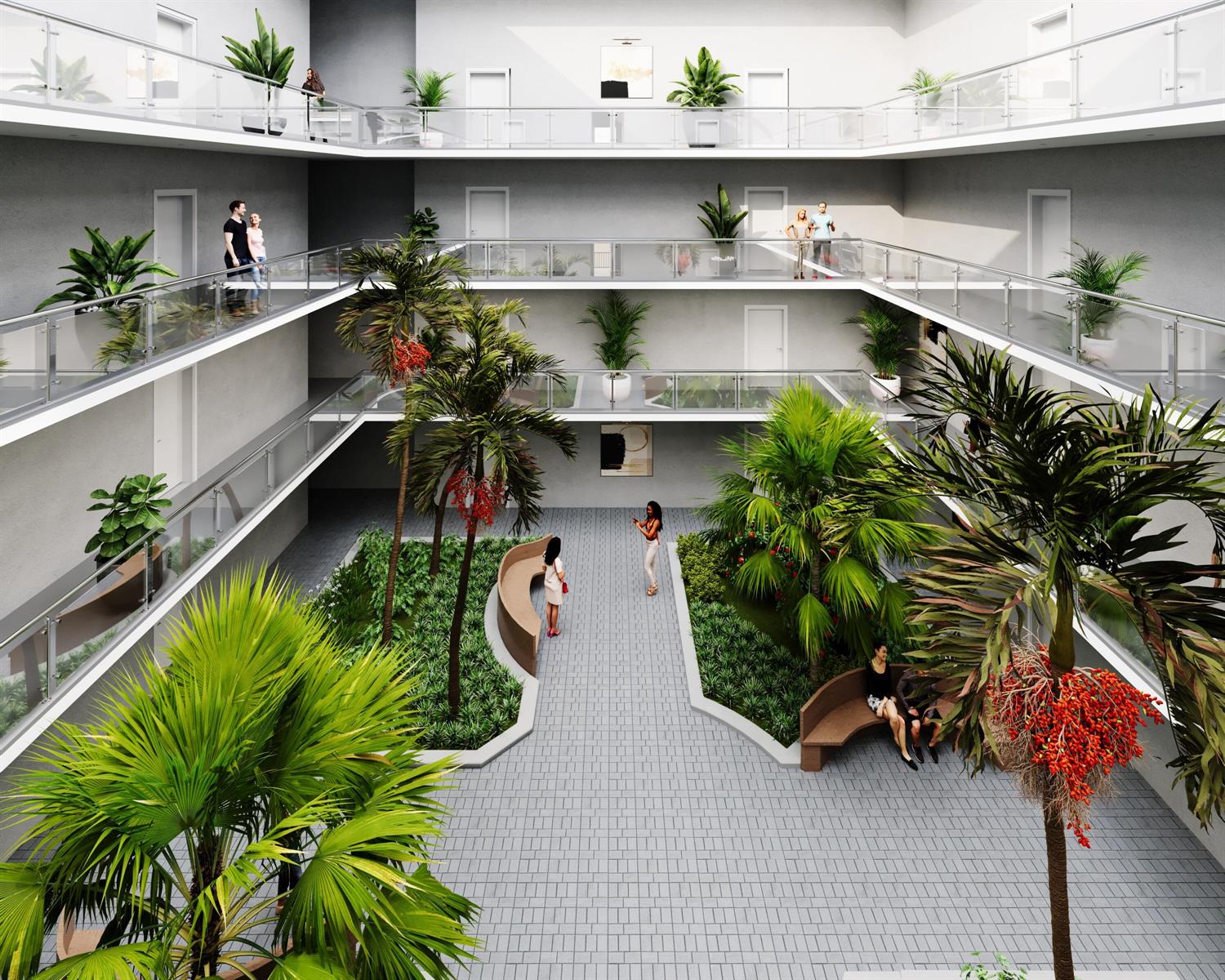 This architectural rendering shows a multi-story building interior with a central courtyard and palm trees — 1920 Pierce Street, Hollywood FL 33020, HOLLYWOOD, FL