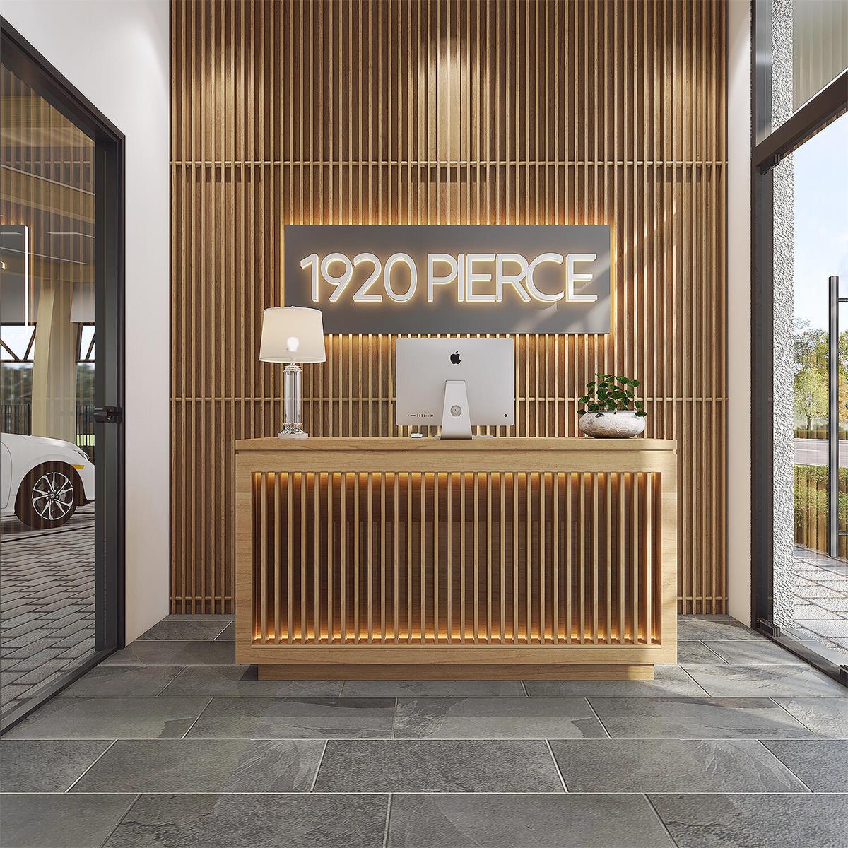 This rendering shows a modern lobby reception desk with wood slat walls and stone flooring — 1920 Pierce Street, Hollywood FL 33020, HOLLYWOOD, FL
