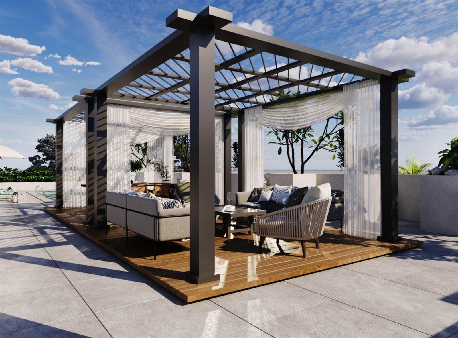 This is a rendering of an outdoor patio featuring a pergola, wooden deck, and lounge furniture — 1920 Pierce Street, Hollywood FL 33020, HOLLYWOOD, FL