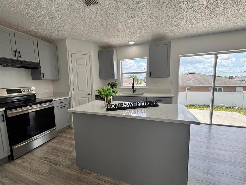 A kitchen features gray cabinets, a white quartz island, stainless steel appliances, and wood-look flooring — 404 MANITOBA DRIVE, KISSIMMEE, FL