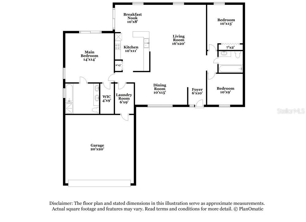 This is a floor plan showing a single-story house layout with a garage and bedrooms — 605 CHERRY LAUREL STREET, MINNEOLA, FL