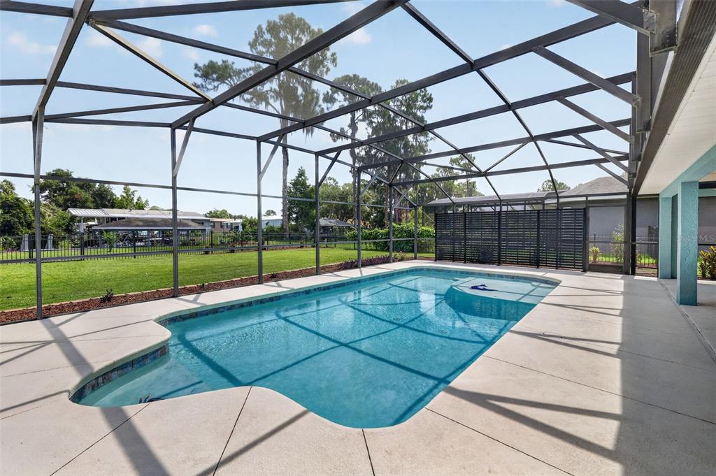 A screened-in swimming pool with a concrete deck overlooks a grassy backyard — 12037 EAGLE POINT CT, LEESBURG, FL