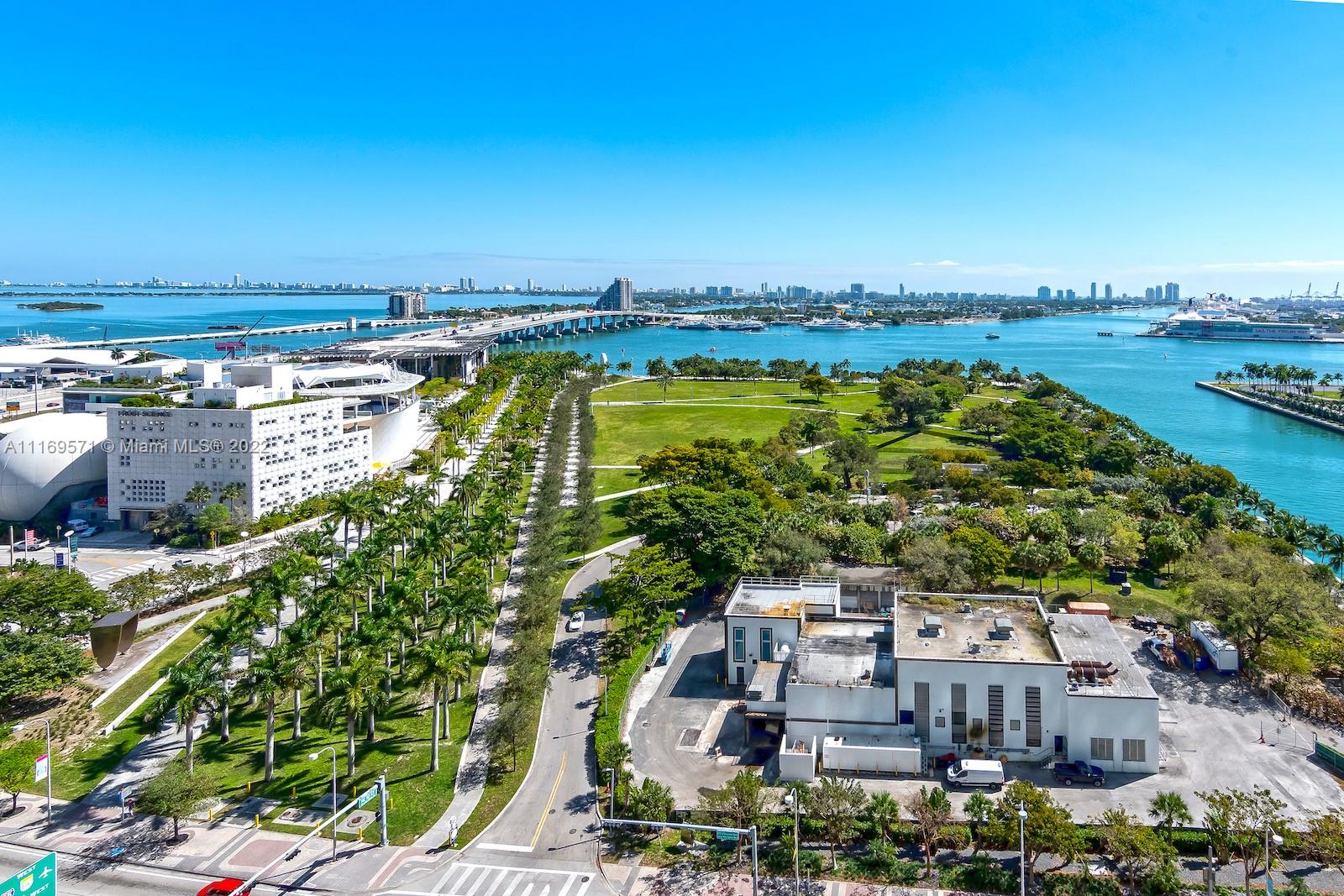An aerial view shows a park, a museum, a bridge, and a cruise ship terminal — 900 Biscayne Blvd # 2006, Miami FL 33132, MIAMI, FL