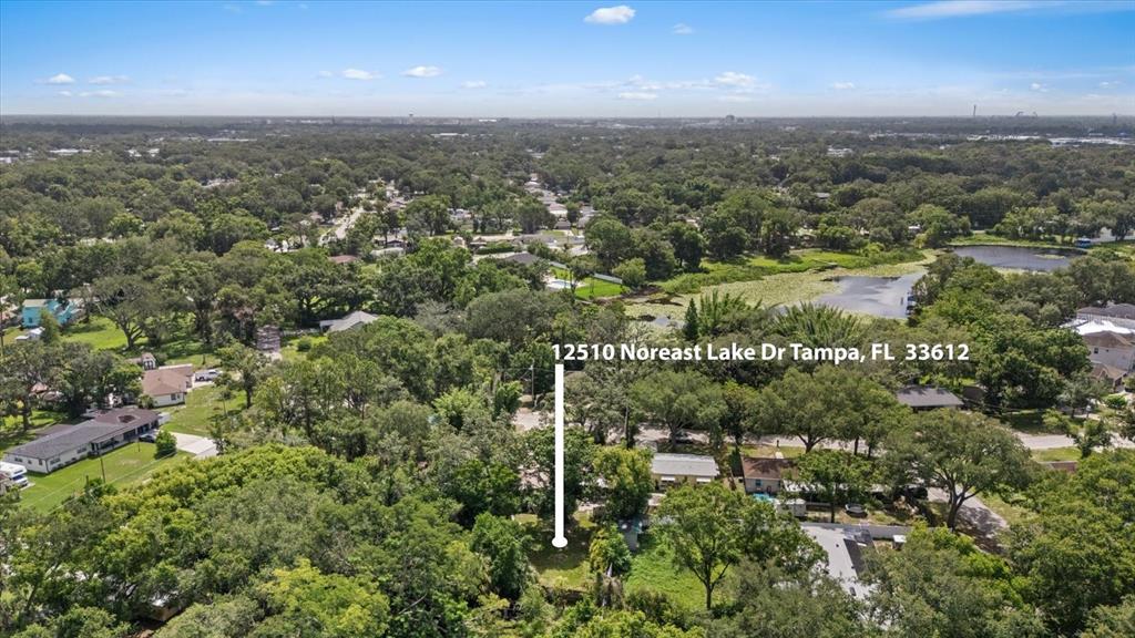 An aerial view shows a wooded residential neighborhood with a house lot marked by a line — 12510 NOREAST LAKE DRIVE, TAMPA, FL