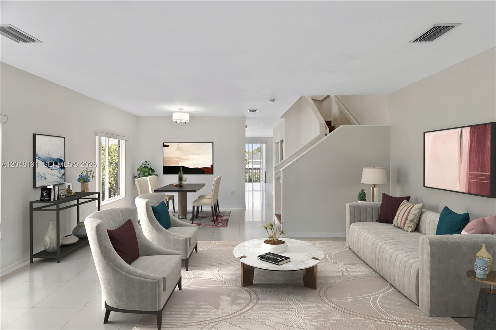 This is a digital rendering of a living and dining area with neutral furniture — 2782 SW 33rd Ave # 2782, Miami FL 33133, MIAMI, FL