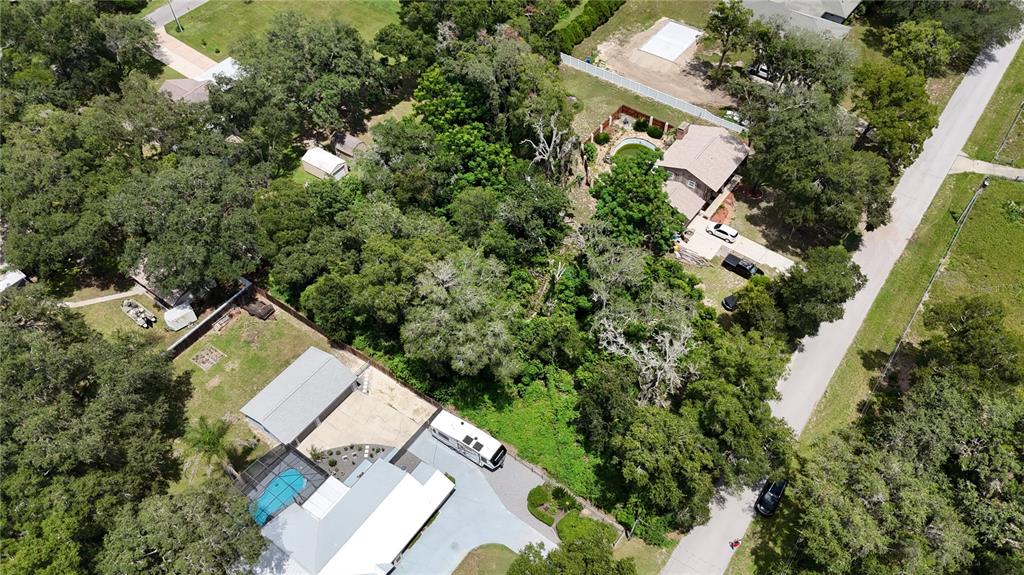 An aerial view shows two residential properties with swimming pools, driveways, and dense surrounding trees — CLARK ROAD, FRUITLAND PARK, FL