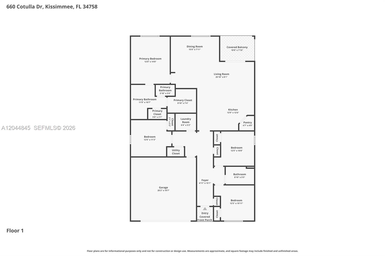 This is a floor plan for a single-story residential home with a garage — 660 COTULLA Dr, Kissimmee FL 34758, KISSIMMEE, FL