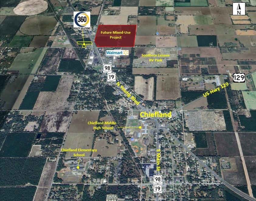 This aerial map shows the location of a future mixed-use project in Chiefland, Florida — TBD US HWY 19 (N YOUNG BLVD), CHIEFLAND, FL