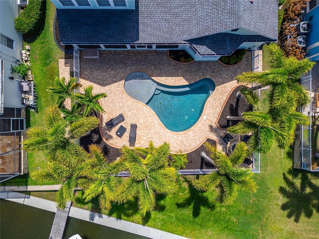 An aerial view of a backyard featuring a swimming pool, patio, and several palm trees — 5722 SEA TROUT PLACE, APOLLO BEACH, FL