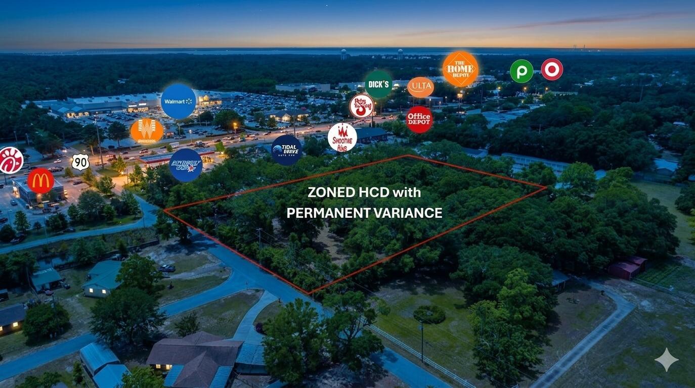 An aerial view shows a wooded lot outlined in red near a commercial shopping center — 4643 Keyser Lane, FL 32571, FL