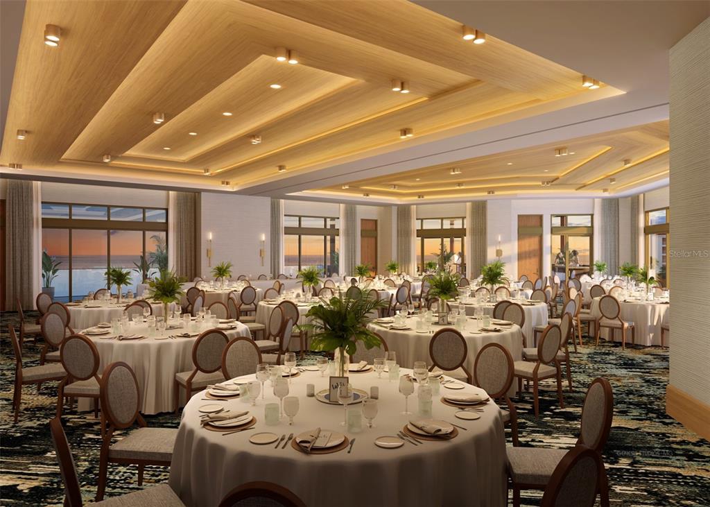 This rendering shows a large banquet hall with round tables, chairs, and a wood-paneled ceiling — 15000 MADEIRA WAY UNIT 705, MADEIRA BEACH, FL