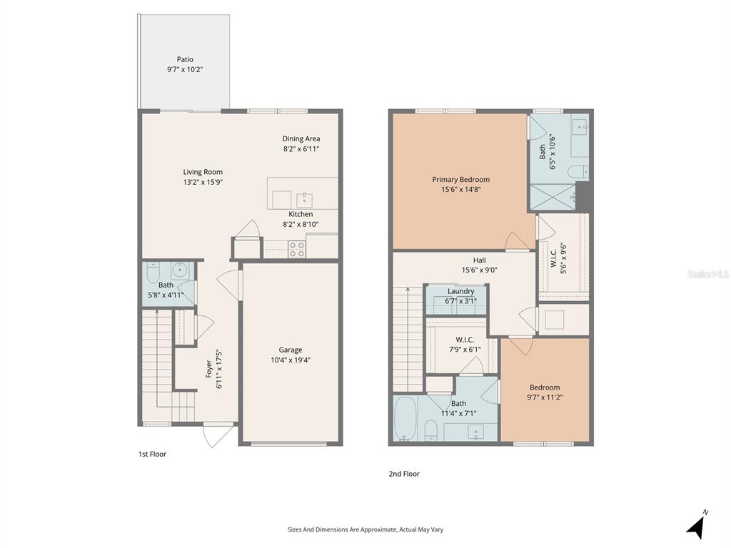 This is a two-story floor plan showing the layout of a home with a garage — 14515 STELLAR PLACE, LAKEWOOD RANCH, FL