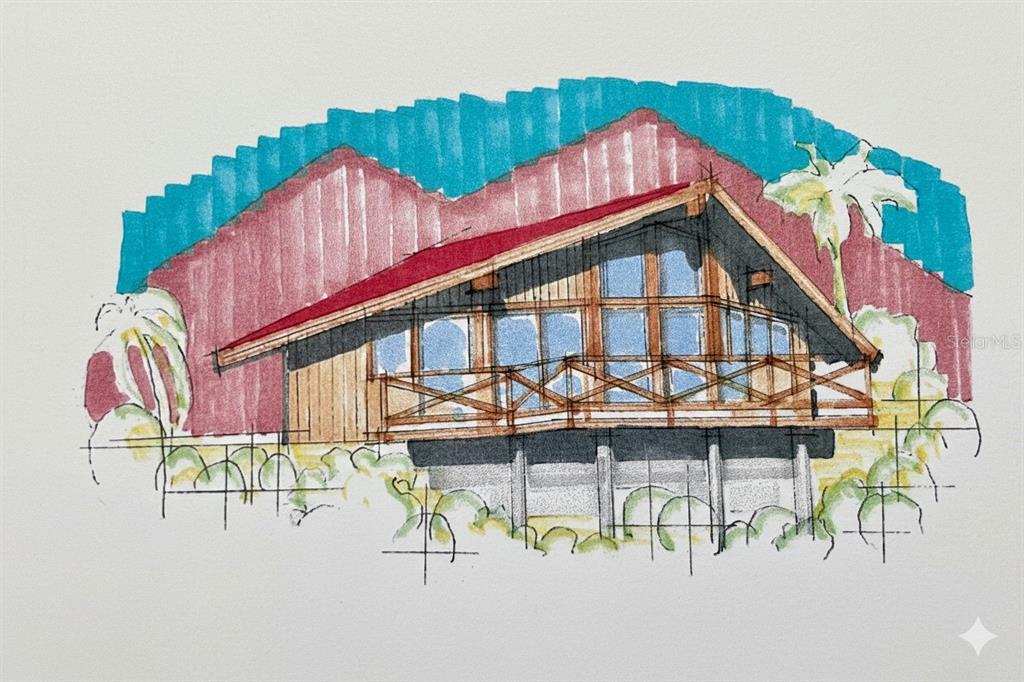 This is an architectural rendering of a stilt house with a balcony and red roof — CARR 252 KM.HM 22.2, OROCOVIS, PR