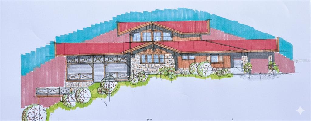 This is an architectural rendering of a rustic-style house with a red metal roof — CARR 252 KM.HM 22.2, OROCOVIS, PR