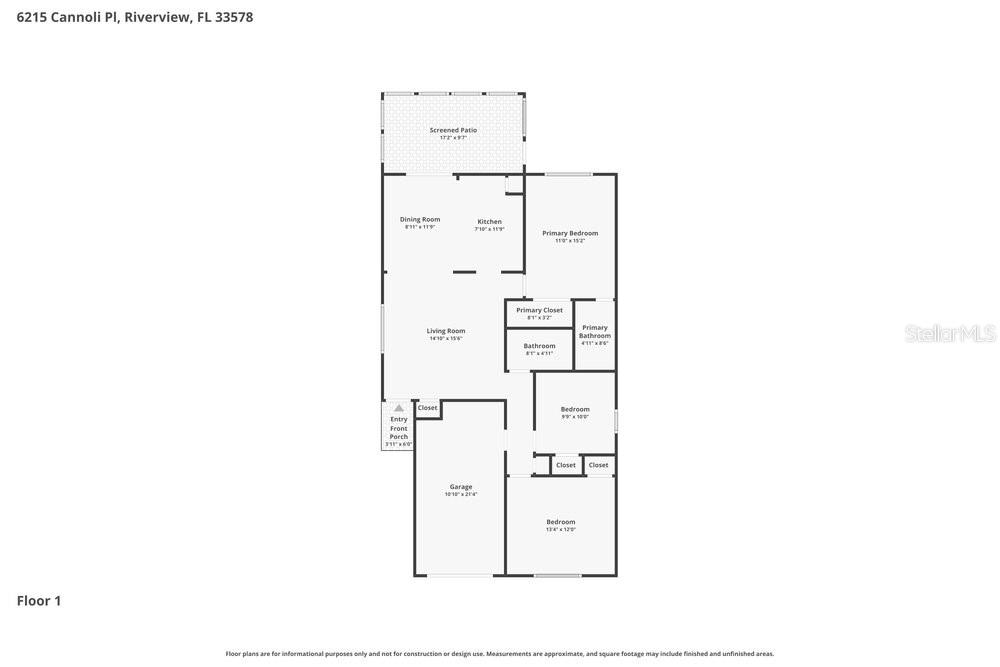 This is a floor plan for a single-story home with a garage and screened patio — 6215 CANNOLI PLACE, RIVERVIEW, FL