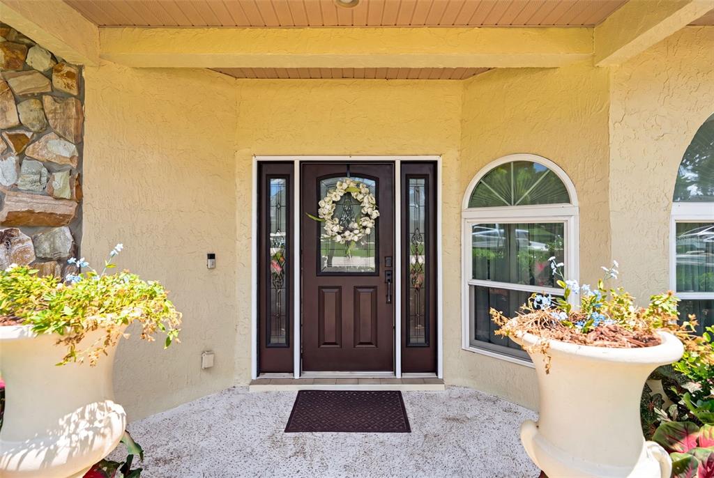 The front entrance features a dark brown door with sidelights, a wreath, and two large planters — 23427 PINE LAKE STREET, LAND O LAKES, FL