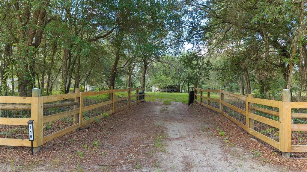 A dirt driveway leads through a wooden fence into a wooded residential property — 119 NE 98TH LANE, BRANFORD, FL