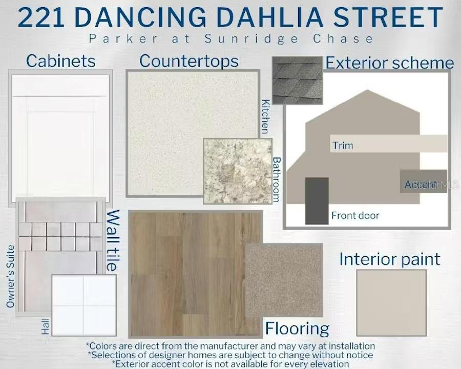 This design board displays material samples for cabinets, countertops, flooring, wall tile, and exterior finishes — 221 DANCING DAHLIA STREET, RUSKIN, FL