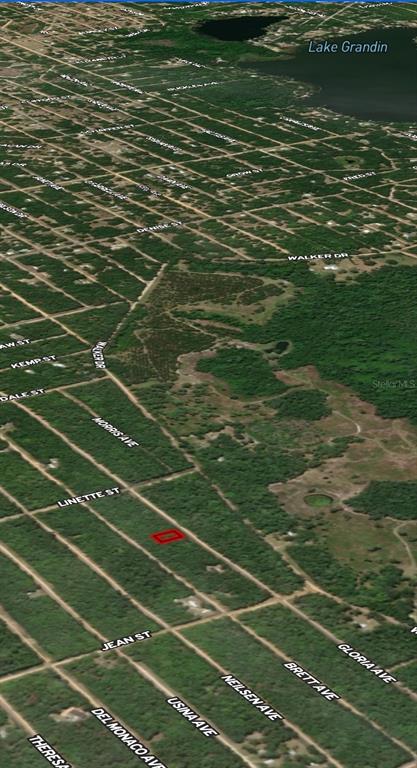 An aerial map view shows a red-outlined vacant lot in a wooded residential area — LOT 8 GLORIA AVENUE, INTERLACHEN, FL
