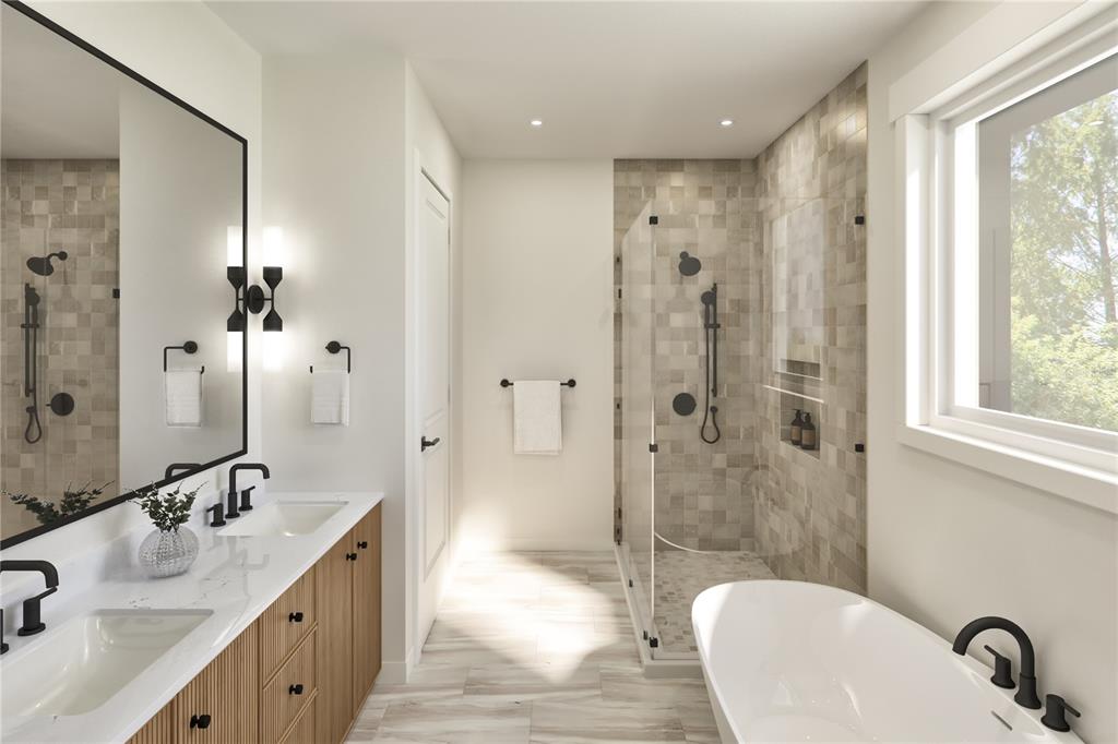 This rendering shows a modern bathroom with a double vanity, soaking tub, and glass shower — 736 47TH AVENUE N, ST PETERSBURG, FL