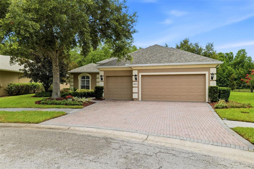 A single-story house with a tan stucco exterior, a two-car garage, and a paved driveway — 14828 MAN O WAR DRIVE, ODESSA, FL