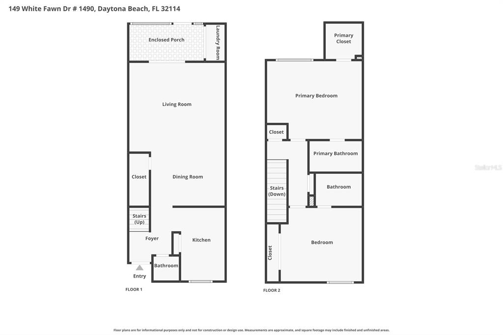This is a two-story floor plan showing the layout of rooms and stairs — 149 WHITE FAWN DRIVE UNIT 1490, DAYTONA BEACH, FL