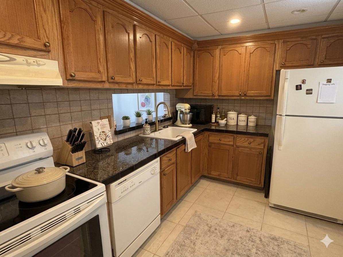 A kitchen with oak cabinets, dark granite countertops, white appliances, and a tiled backsplash — 5340 Las Verdes Circle # 222, Delray Beach FL 33484, DELRAY BEACH, FL