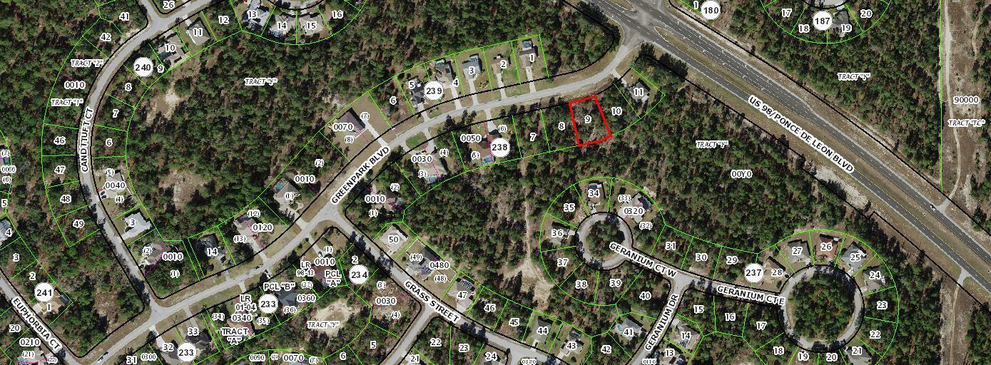 This is an aerial map showing residential lots, streets, and wooded areas — 5 Greenpark Boulevard, FL 34446, FL