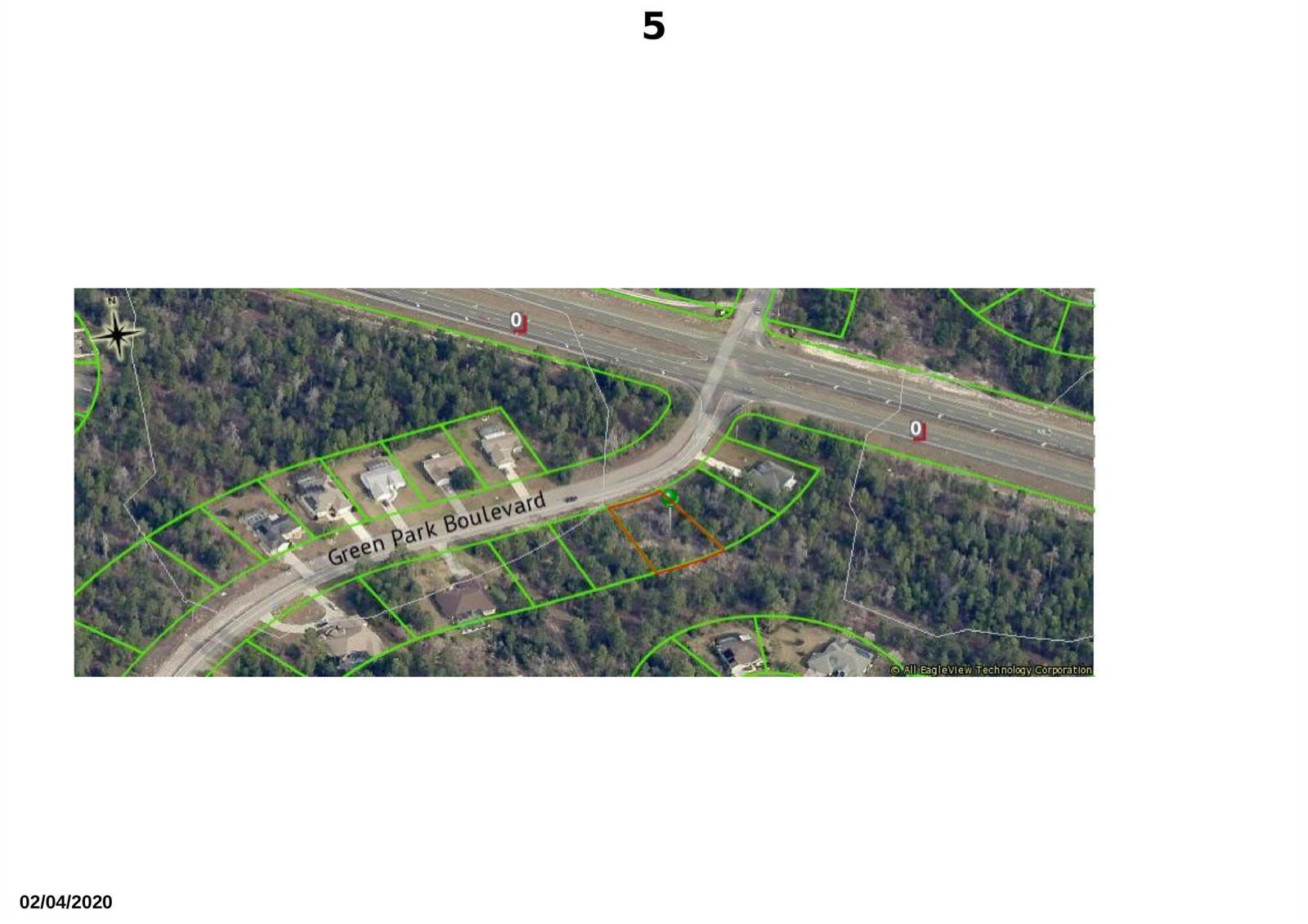 This aerial map shows a residential street with houses and property lines — 5 Greenpark Boulevard, FL 34446, FL