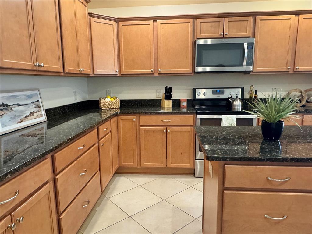 A kitchen features light wood cabinets, dark granite countertops, and stainless steel appliances — 2931 CHARLEVOIX STREET, THE VILLAGES, FL