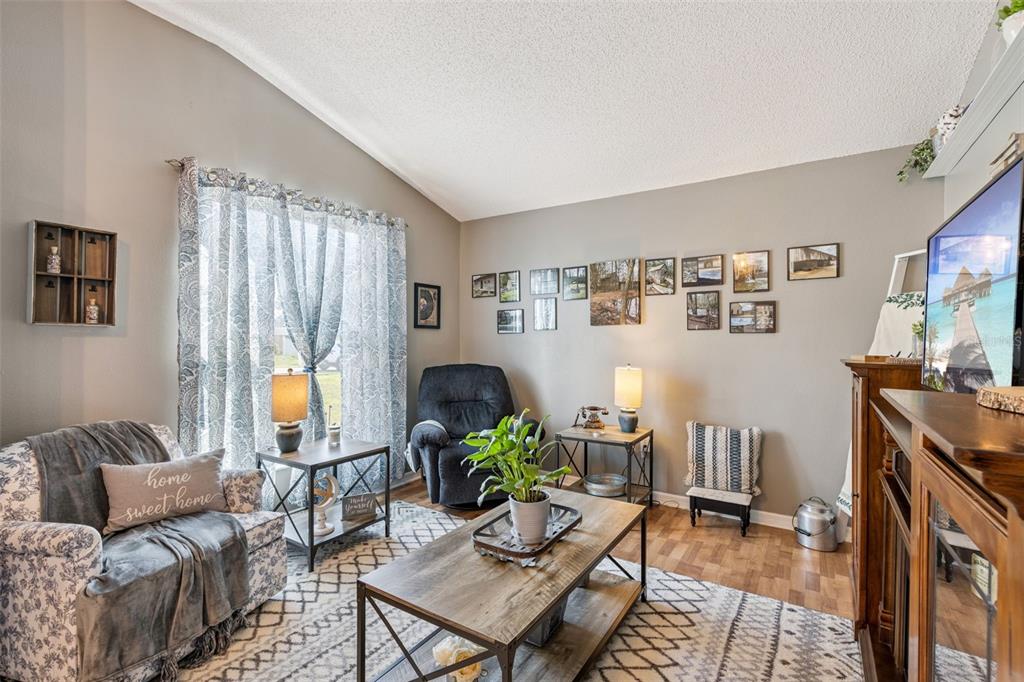 A living room features a patterned armchair, a recliner, a coffee table, and a photo gallery — 1405 WINTERVILLE STREET, DELTONA, FL