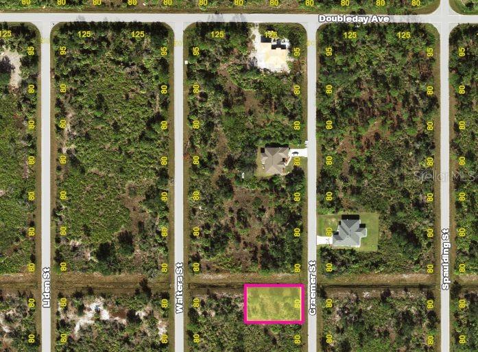 This is an aerial map showing a vacant residential lot highlighted in pink — 303 CRAEMER STREET, PORT CHARLOTTE, FL