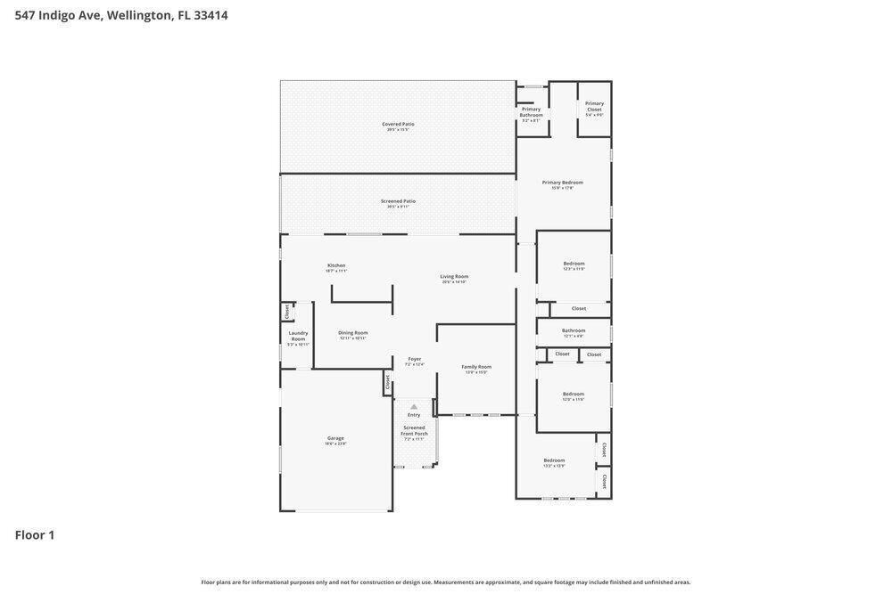 This is a floor plan for a single-story house with four bedrooms and a garage — WELLINGTON, FL