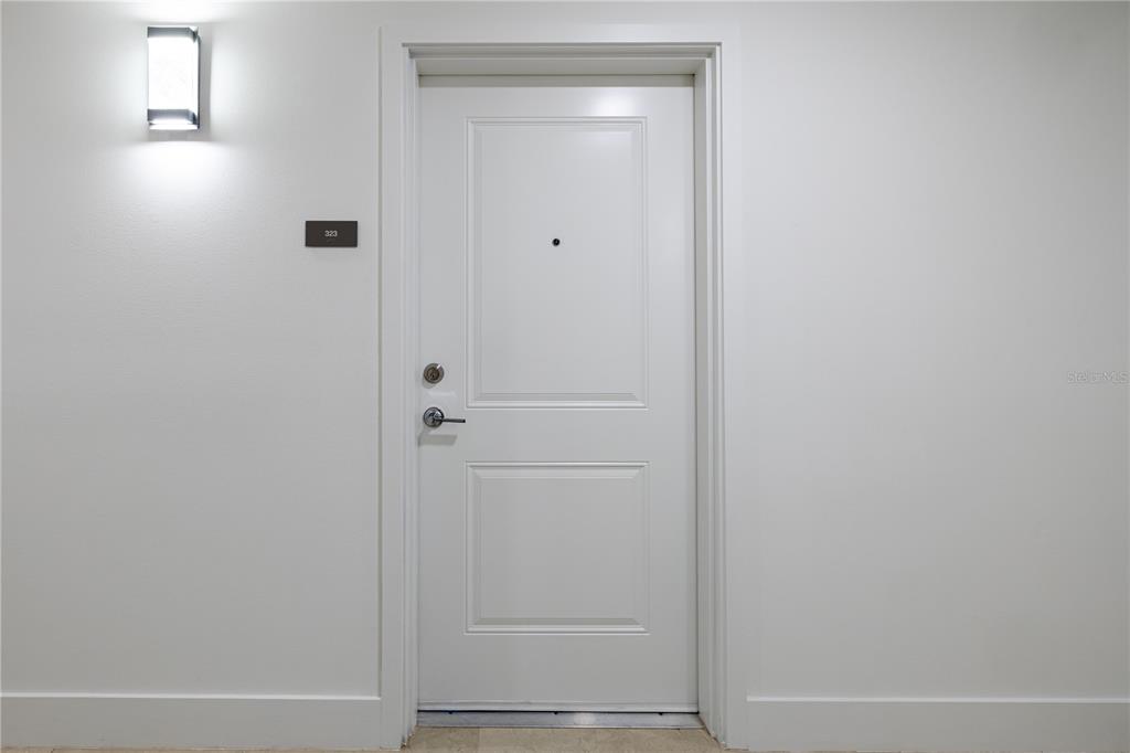 A white apartment door with a peephole and room number sign in a hallway — 5579 MILLENIA PARK BOULEVARD UNIT 323, ORLANDO, FL